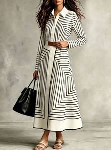 Robe chemise rayée géométrique pour femme, robe midi à manches longues avec col à revers et ceinture, robe élégante de bureau style A-line - Product Image 5