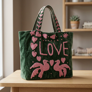 Sac fourre-tout en velours brodé Suzani fait main, motif oiseaux amoureux, sac à bandoulière décontracté de luxe, sacs de shopping écologiques en gros - Product Image 4