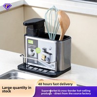 Support de rangement et de nettoyage 3-en-1 moderne et minimaliste en acier inoxydable pour cuisine, avec porte-brosse, porte-torchon et porte-flacon de liquide