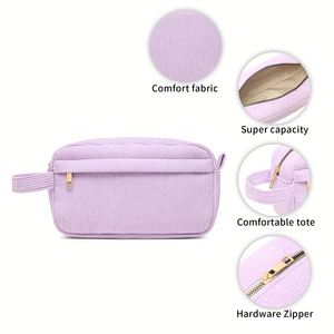 Sac de maquillage portable en velours côtelé avec logo personnalisé, grande capacité, organiseur de toilette de voyage avec poignée pour les vacances, le camping, la salle de sport - Product Image 3