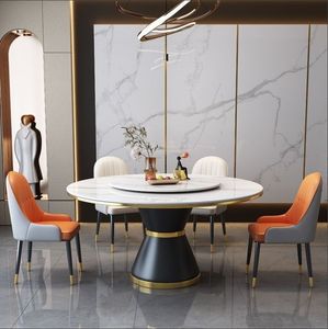 Grande table de salle à manger en marbre rustique de style européen peu encombrant Ensembles de dinettes rondes Table à manger transformable - Product Image 1