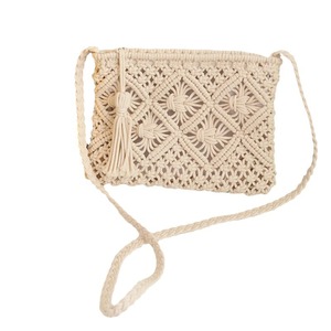 Simple Tassel Handbag Woven Bohemian Shoulder <b>Bag</b> Summer Beach <b>Bag</b> Brown And White Horizontal Square Single Strap Zipper Closure - Product Image 5