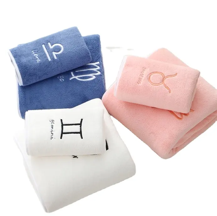 Soft Towel Set 12 Constellation Letters Embroidered Face Bath Towel Large Strong Absorbent towels for Adult