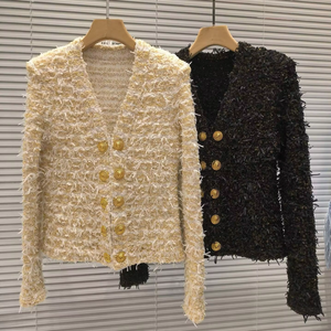 BA2365 Giacca Cardigan da <span class=keywords><strong>Donna</strong></span> Stile Francese Doppiopetto con Bottoni Dorati Scollo a V Versatile Elegante Corta in <span class=keywords><strong>Tweed</strong></span> - Product Image 1