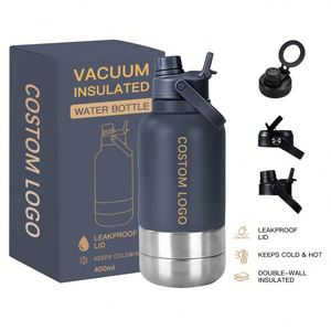 Bouteille d'eau pour animaux de compagnie de 32 oz, double couvercle, en acier inoxydable, anti-fuite, isolée, avec bol à boire, logo personnalisé - Product Image 1