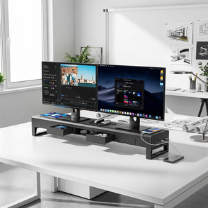 Heavy-Duty 1100mm Ergonomic <strong>Monitor</strong> <strong>Stand</strong> for Dual <strong>Monitors</strong> with <strong>Triple</strong> Drawer Storage and Wireless Fast Power Hub - Product Image 1