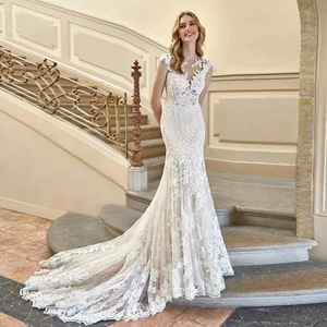 Vestido de Novia Blanco Sexy Corte Sirena para <span class=keywords><strong>Boda</strong></span> <span class=keywords><strong>Civil</strong></span>, Vestido Sexy Hecho a Medida, Tela de Encaje de Tul Francés para Vestido de Noche de <span class=keywords><strong>Boda</strong></span> - Product Image 1