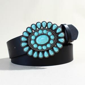 Ceinture rétro noire en cuir PU Western Cowboy Cowgirl <span class=keywords><strong>de</strong></span> Bohème Ceinture à boucle <span class=keywords><strong>de</strong></span> conque bleu turquoise pour <span class=keywords><strong>Mena</strong></span> et femmes - Product Image 2