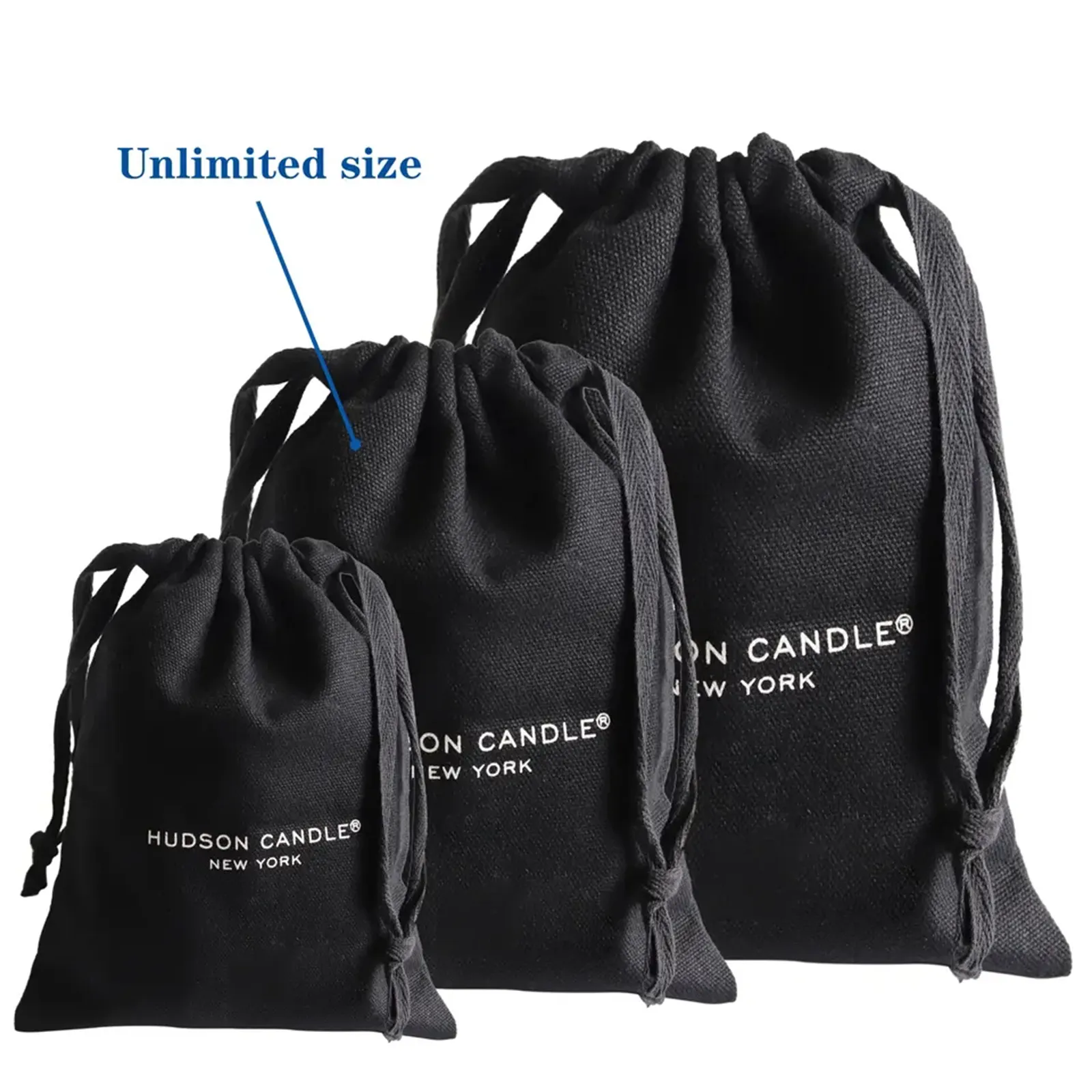 Sac à cordon en coton noir imprimé de taille de logo personnalisé pour emballage de sac à main pochette anti-poussière