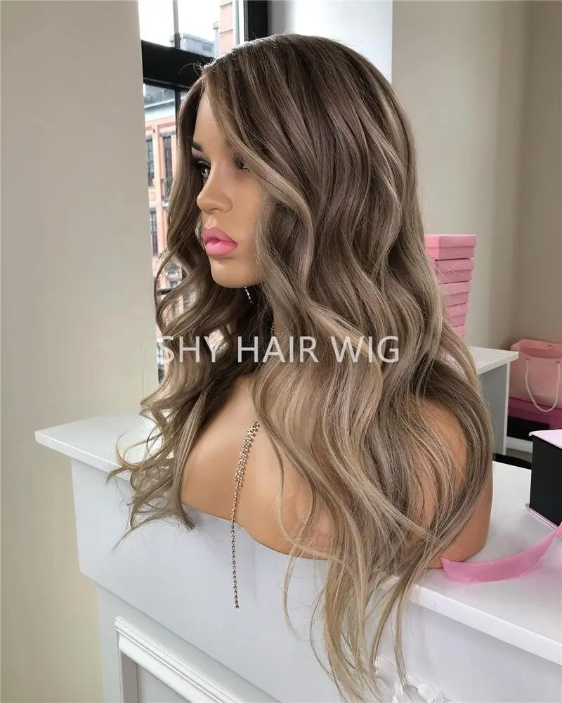 Donkere Asbruine Highlights Full Lace Pelucas Cabello Humano Losse Golf Kant Pruik Voorgeplukt Platina Blonde Highlight Pruik