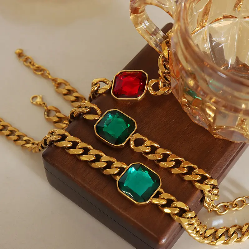 Premium Jewelry Gold Plated Bracelet Cuban Chain Set Exaggerated Personality Crystal Stone Necklace