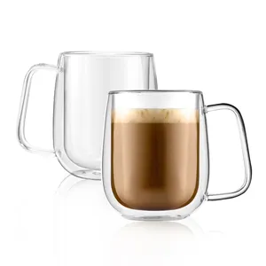 Tasse à café en verre Borosilicate 300ml, ensemble de tasses à café et soucoupes à Double paroi avec couvercle