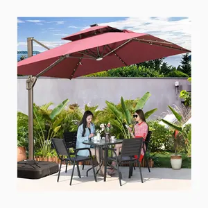 Lumière LED/énergie solaire Parasol de patio en aluminium à l'extérieur grand parasol d'extérieur venteux parasol de 10 pieds et bases de patio