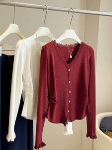 เสื้อสเวตเตอร์ถักคอวีล้วนแบบมีแผงลูกไม้สำหรับผู้หญิงแฟชั่น - Product Image 2