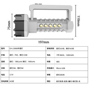 Ch-23068 โคมไฟมือถือ 197 มม. ไฟฉาย LED พร้อมการชาร์จไมโครยูเอสบีสำหรับตั้งแคมป์ตกปลาไฟส่องสว่างสำหรับการลาดตระเวน - Product Image 1
