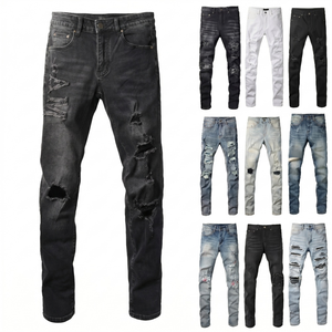 Wholesale Custom Men's Ripped Skinny <b>Jeans</b> Distressed Paint Splatter Denim Pants Streetwear Hip Hop Slim Fit Male <b>Jeans</b> TKAN863 - Product Image 1