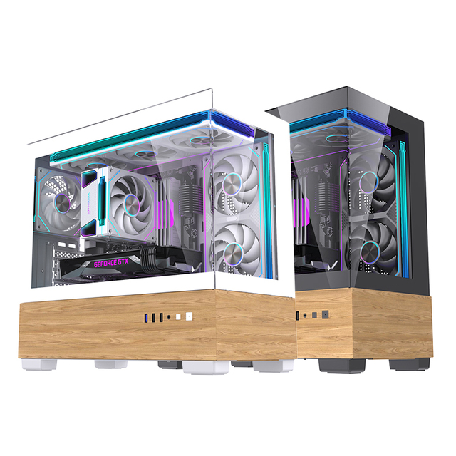 Lovingcool Hot Sale Black/White Computer Gaming PC Case Full Tower USB3.0 ATX Computer Chassis with Wooden Base