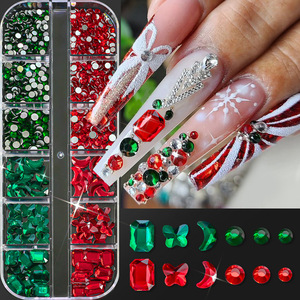 Décorations d'ongles de Noël tendance : 12 compartiments, ornements verts et rouges, strass pour ongles, breloques de dessin animé, accessoires - Product Image 1