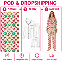Ensemble de pyjama personnalisé en satin de polyester rose avec col cranté, motif chat de Noël printanier, nœud et logo frontal, pour femme, POD, MOQ 1PC, Dropshipping