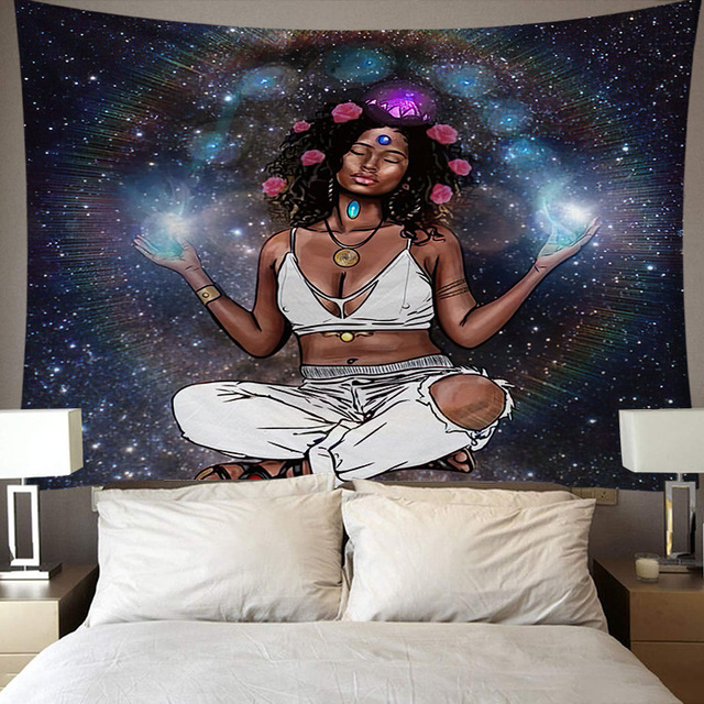 African Black Girl Art Wall Hanging Tapestry American Woman Queen Red Wine Meditation Girl Psychedelic Wall Tapestries for Home