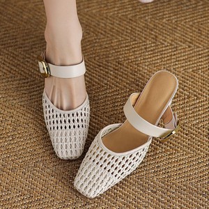 Sandalias de tacón tejidas de verano para mujer, con punta cuadrada, tacón medio, diseño sin espalda y transpirable - Product Image 1