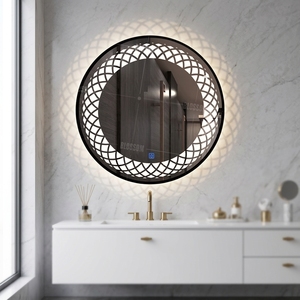 Lot personnalisé de miroirs de salle de bain LED ronds à grille creuse géométrique en forme de diamant, modernes et neufs, avec cadre en alliage d'aluminium <span class=keywords><strong>noir</strong></span> - Product Image 1