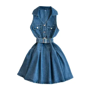 2023 Summer French Vintage designer frock design V Neck sleeveless denim dungarees jeans dresses with pockets for women ladies