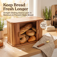 Boîte de rangement à pain en bois d'acacia massif de style farmhouse avec porte coulissante, boîte de rangement à pain rustique pour comptoir