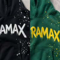 Sweat à capuche surdimensionné RAMAX noir et vert effet éclaboussures de peinture, style streetwear urbain décontracté, vente en gros, fournisseur d'usine