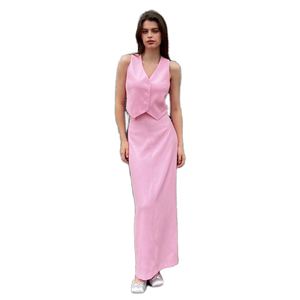 Pink Sleeveless V-Neck Blazer Top With Full Length Skirt <b>Set</b> Women Elegant Spring Summer Solid Color Satin Two Piece Outfit - Product Image 1