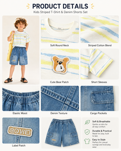 Ensemble d'été pour garçons : T-shirt rayé et short cargo en jean de coton <span class=keywords><strong>bleu</strong></span> délavé avec patch ours, tenues mignonnes pour enfants - Product Image 4