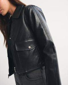 LEDUO Black Short Vintage Casual Breathable Windproof PU Leather <b>Utility</b> <b>Jacket</b> with Nylon Lining for <b>Women</b> Spring - Product Image 2