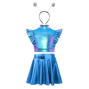 Conjunto de Disfraz Metálico de Alien para Niñas de 6 a 16 Años, Top Corto con Volantes y Falda en Línea A, para Fiestas Temáticas, Actuaciones en Escenario, Uso Diario Informal - Product Image 4