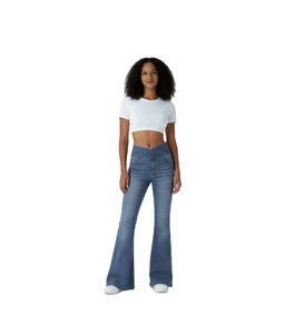 Ultimi <span class=keywords><strong>Jeans</strong></span> da Donna a Vita Alta Elasticizzati con Tasche <span class=keywords><strong>Laterali</strong></span> Incrociate e Gamba Svasata per Yoga - Product Image 1