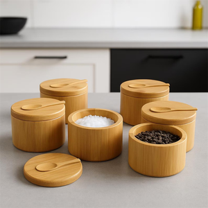 Günstige Bio-Gewürzdosen im amerikanischen Dorfküchen-Stil mit individuellem Logo, Salz- und Pfefferbehälter aus Bambus, Magnetdeckel und Löffel - Product Image 1