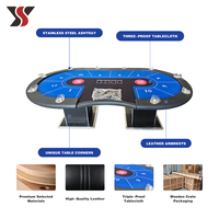 Table de poker Texas carrée sur piétement personnalisée YS OEM, double feutre bleu et noir, 10 porte-gobelets, forme de rein, style casino