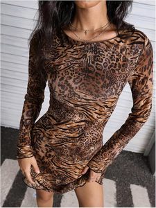 Robes élégantes pour femmes, tenues dos nu à manches longues, imprimé léopard, maille transparente, moulante, pour club, soirée, mini-vestidos, mode été - Product Image 4