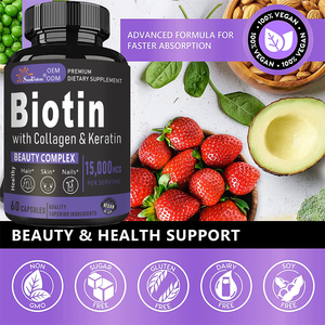 ราคาขายส่ง บรรจุภัณฑ์แบบกำหนดเอง ไบโอตินผสมคอลลาเจนและเคราติน แคปซูลเสริมความงามเพื่อสุขภาพผมและเล็บ 60 แคปซูล - Product Image 2
