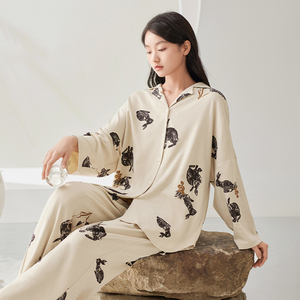 Pigiama da <span class=keywords><strong>Donna</strong></span> in Cotone Lavorato a Maglia Anzhiban, Maniche Lunghe, Vestibilità Comoda, Stampa Animalier, Casual, per Casa, Primavera Autunno - Product Image 1