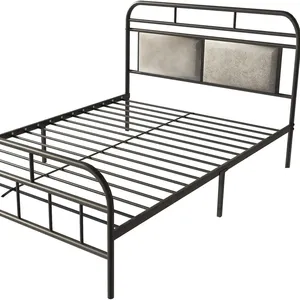 批发无噪音全尺寸黑色床架平台金属框架板条支撑，带软垫床头板和脚踏板