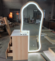 Station de coiffure avec miroir design moderne, éclairage LED, double face, en bois, avec tiroir