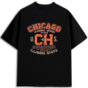Camiseta Clásica de Mezclilla de EE. UU. para Hombre, Estilo Chicago, 180GSM, Algodón, Cuello Redondo, Estampada en EE. UU., Corte Regular, Estilo del Estado de Illinois - Product Image 1