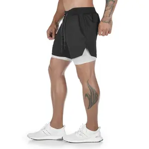 Wholesale Men's 2 in 1 Running Shorts Custom Polyester Sport Jogging Gym Fitness Training Workout Shorts with zipper pocket