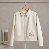 Veste en peau de mouton pour femme, col chemise ivoire, broderie florale perlée, fermeture à boutons-pression, coupe ample, courte, décontractée, en cuir