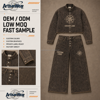Ensemble décontracté pour homme personnalisé, haut à manches longues à boutons avec motif boussole et effet délavé marron, et pantalon large, OEM ODM