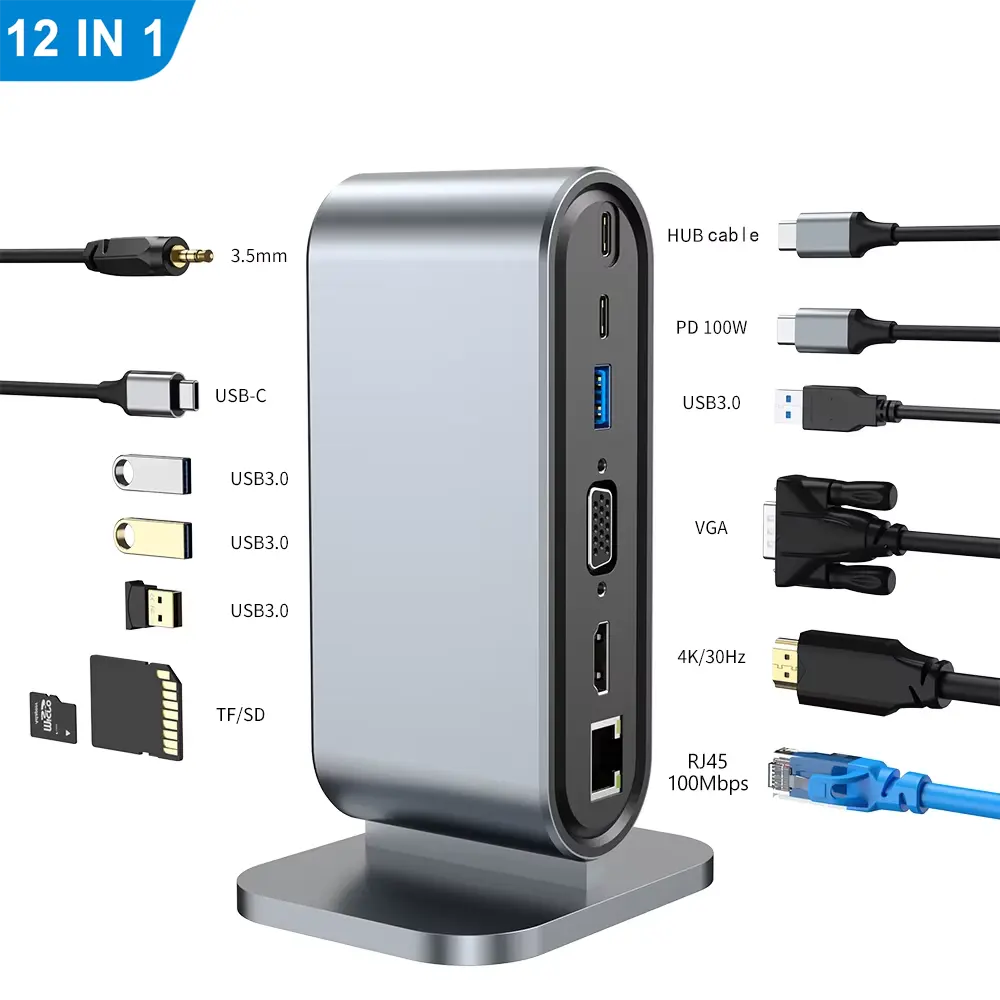 Usb Type c Hub 12 Ports Aluminum Alloy 12 in 1 Docking Station Type c 4k Hdtv Rj45 Vga Usb