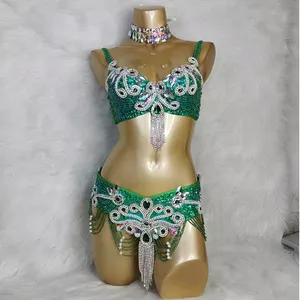 Женский костюм для танца живота, комплект из 2 предметов, бара и пояс с бисером