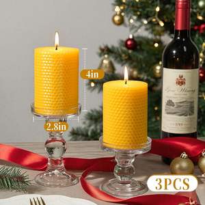 3 件装天然蜂蜡柱状蜡烛手工制作蜂窝设计手工制作长燃无滴无烟无香家居装饰 - Product Image 2