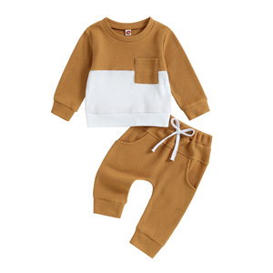 Trendy outfit voor babyjongens, kleurblok wafelprint, zachte katoenen stof, top met opgestikte zak & joggingbroek, casual <span class=keywords><strong>set</strong></span> - Product Image 5