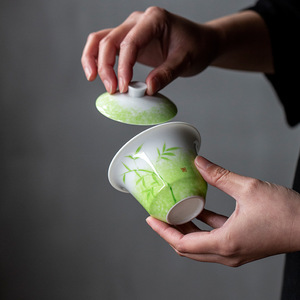 Green Glazed Porcelain Gaiwan With Lid Hand Painted Bamboo Kung Fu <b>Tea</b> <b>Set</b> Household <b>Tea</b> Bowl Teacup - Product Image 2